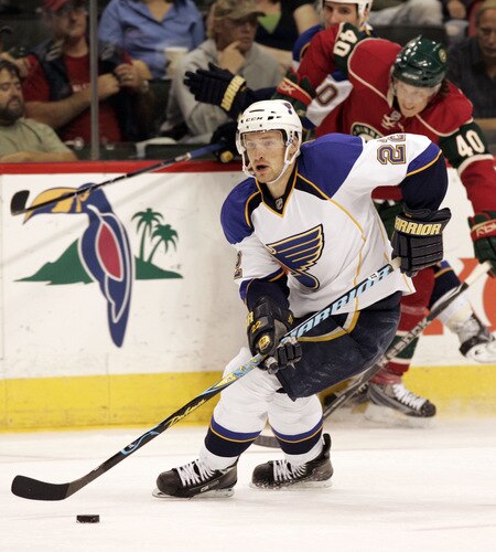 ST. PAUL, MN - SEPTEMBER 24:  Brad Boyes #22 of the St. Louis Blues controls the puck against the Minnesota Wild in the third period at the Xcel Energy Center on September 24, 2009 in St. Paul, Minnesota. The Blues defeated the Wild 4-1.  <br /><br /><span class="help">(Photo by Genevieve Ross/Getty Images)</span>