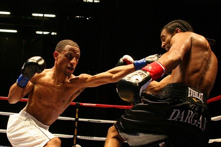 LOS ANGELES, CA - SEPTEMBER 24:  Rynell Griffin throws a left jab against opponent Karl Dargan at the Nokia Center on September 24, 2009 in Los Angeles, California.Dargan defeated Griffen  <br /><br /><span class="help">(Photo by Jacob de Golish/Getty Images)</span>