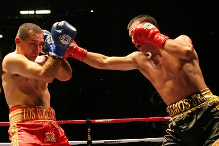 LOS ANGELES, CA - SEPTEMBER 24:  Luis Ramos JR. of Santa Ana throws a right jab during  the main event against opponent Cristian Favela at the Nokia Center on September 24, 2009 in Los Angeles, California.  <br /><br /><span class="help">(Photo by Jacob de Golish/Getty Images)</span>