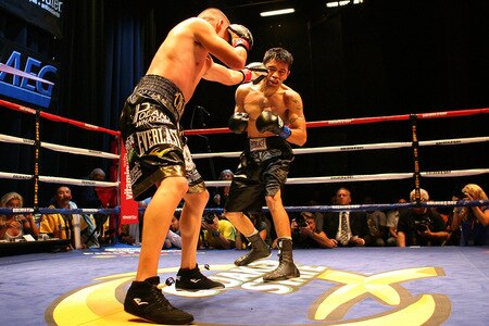 LOS ANGELES, CA - SEPTEMBER 24:  Charles Huerta exchanges punches with opponent Rodrigo Aranda at the Nokia Center on September 24, 2009 in Los Angeles, California. Huerta defeated Aranda  <br /><br /><span class="help">(Photo by Jacob de Golish/Getty Images)</span>