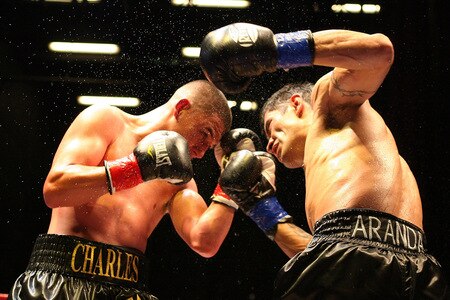 LOS ANGELES, CA - SEPTEMBER 24:  Charles Huerta exchanges punches with opponent Rodrigo Aranda at the Nokia Center on September 24, 2009 in Los Angeles, California. Huerta defeated Aranda <br /><br /><span class="help">(Photo by Jacob de Golish/Getty Images)</span>