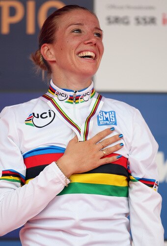 MENDRISIO, SWITZERLAND - SEPTEMBER 26:  Tatiana Guderzo of Italy stands on the podium with her medal after winning the Elite Women's Road Race at the 2009 UCI Road World Championships on September 26, 2009 in Mendrisio, Switzerland.  <br /><br /><span class="help">(Photo by Bryn Lennon/Getty Images)</span>