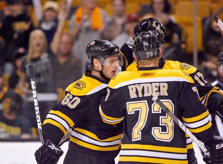 BOSTON, MA - SEPTEMBER 26: Vladimir Sobotka #60 of the Boston Bruins celebrates his goal with his teammates against the Columbus Blue Jackets at the TD Banknorth Garden during preseason play on September 26, 2009 in Boston, Massachusetts.<br /><br /><span class="help">(Photo by Jim Rogash/Getty Images)</span>