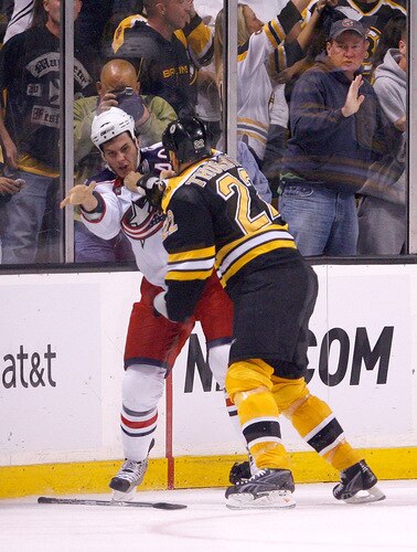 BOSTON, MA - SEPTEMBER 26:  Shawn Thornton #22 of the Boston Bruins throws a punch at Jared Boll #40 of the Columbus Blue Jackets at the TD Banknorth Garden on September 26, 2009 in Boston, Massachusetts.  <br /><br /><span class="help">(Photo by Jim Rogash/Getty Images)</span>