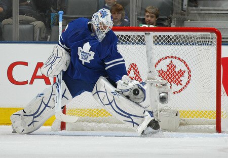 TORONTO, ON - SEPTEMBER 26:  Jonas Gustavsson #50 of the Toronto Maple Leafs makes a save in a pre-season game against the Detroit Red Wings on September 26, 2009 at the Air Canada Centre in Toronto, Ontario. The Leafs defeated the Red Wings 2-1. <br /><br /><span class="help">(Photo by Claus Andersen/Getty Images)</span>