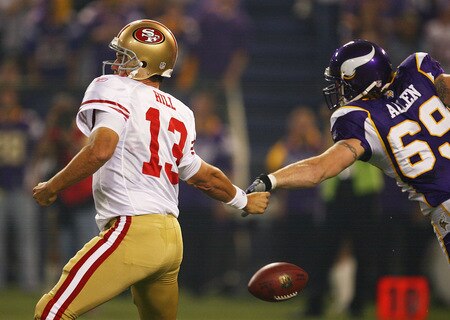 MINNEAPOLIS - SEPTEMBER 27: Jared Allen #69 of the Minnesota Vikings strips the ball from Shaun Hill #13 of the San Francisco 49ers as he attempts a pass at the Hubert H. Humphrey Metrodome on September 27, 2009 in Minneapolis, Minnesota. <br /><br /><span class="help">(Photo by Jonathan Daniel/Getty Images)</span>