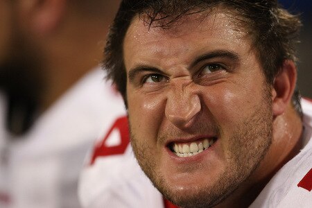 MINNEAPOLIS - SEPTEMBER 27: Joe Staley #74 of the San Francisco 49ers reacts to a play while sitting on the bench during a game against the Minnesota Vikings at the Hubert H. Humphrey Metrodome on September 27, 2009 in Minneapolis, Minnesota. The Vikings defeated the 49ers 27-24. <br /><br /><span class="help">(Photo by Jonathan Daniel/Getty Images)</span>