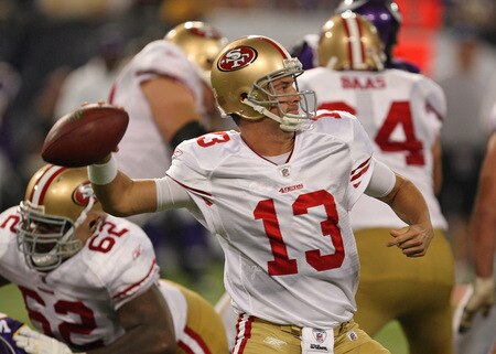 MINNEAPOLIS - SEPTEMBER 27: Shaun Hill #13 of the San Francisco 49ers passes the ball against the Minnesota Vikings at the Hubert H. Humphrey Metrodome on September 27, 2009 in Minneapolis, Minnesota. The Vikings defeated the 49ers 27-24.  <br /><br /><span class="help">(Photo by Jonathan Daniel/Getty Images)</span>