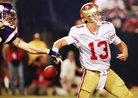 MINNEAPOLIS, MN - SEPTEMBER 27: Quarterback Shaun Hill #13 of the San Francisco 49ers is stripped of the ball by Jared Allen #69 of the Minnesota Vikings during the first quarter at Hubert H. Humphrey Metrodome on September 27, 2009 in Minneapolis, Minnesota. The Vikings defeated the 49ers 27-24. <br /><br /><span class="help">(Photo by Genevieve Ross/Getty Images)</span>
