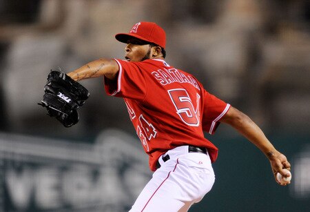 ANAHEIM, CA - SEPTEMBER 28:  Pitcher Ervin Santana of the Los Angeles Angels of Anaheim throws a pitch against the Texas Rangers during first inning of the baseball game at Angel Stadium on September 28, 2009 in Anaheim, California.  <br /><br /><span class="help">(Photo by Kevork Djansezian/Getty Images)</span>