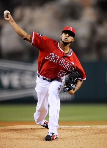 ANAHEIM, CA - SEPTEMBER 28:  Pitcher Ervin Santana of the Los Angeles Angels of Anaheim throws a pitch against the Texas Rangers during first inning of the baseball game at Angel Stadium on September 28, 2009 in Anaheim, California.  <br /><br /><span class="help">(Photo by Kevork Djansezian/Getty Images)</span>