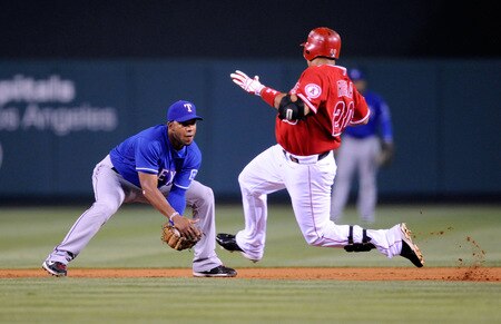 ANAHEIM, CA - SEPTEMBER 28:  Elvis Andrus #1 short stop of the Texas Rangers waits to tag out Juan Rivera # 20 of the Los Angeles Angels of Anaheim during first inning of the baseball game at Angel Stadium on September 28, 2009 in Anaheim, California.  <br /><br /><span class="help">(Photo by Kevork Djansezian/Getty Images)</span>