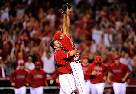 ANAHEIM, CA - SEPTEMBER 28:  Pitcher Ervin Santana (R)  of the Los Angeles Angels of Anaheim is congratulated by catcher Mike Napoli after pitching a shut out, 11-0, against the Texas Rangers as they celebrate after winning the American League West title in their game at Angel Stadium on September 28, 2009 in Anaheim, California.  <br /><br /><span class="help">(Photo by Kevork Djansezian/Getty Images)</span>