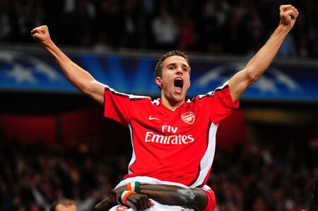 LONDON, ENGLAND - SEPTEMBER 29:  Robin van Persie of Arsenal celebrates after he scored the first goal during the UEFA Champions League Group H match between Arsenal and Olympiakos at the Emirates Stadium on September 29, 2009 in London, England.  <br /><br /><span class="help">(Photo by Mike Hewitt/Getty Images)</span>