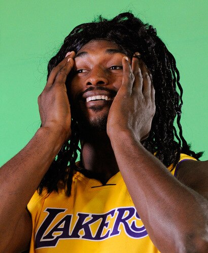 EL SEGUNDO, CA - SEPTEMBER 29: Ron Atrest #37 of the Los Angeles Lakers wears a wig to resemble baseball player Manny Ramirez while taping a public announcement for the Los Angeles Dodgers during Lakers media day at the Lakers training facility on September 29, 2009 in El Segundo, California.  <br /><br /><span class="help">(Photo by Kevork Djansezian/Getty Images)</span>