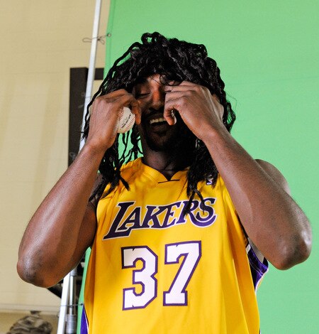EL SEGUNDO, CA - SEPTEMBER 29: Ron Atrest #37 of the Los Angeles Lakers wears a wig to resemble baseball player Manny Ramirez while taping a public announcement for the Los Angeles Dodgers during Lakers media day at the Lakers training facility on September 29, 2009 in El Segundo, California.  <br /><br /><span class="help">(Photo by Kevork Djansezian/Getty Images)</span>