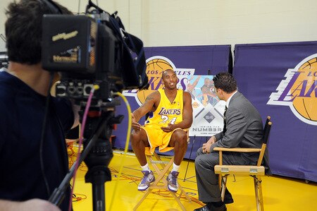 EL SEGUNDO, CA - SEPTEMBER 29:  Kobe Bryant #24 of the Los Angeles Lakers sits down for an interview as a spokesperson for Panini trading cards during 2009 NBA Media Day on September 29, 2009 at Toyota Sports Center in El Segundo, California. <br /><br /><span class="help">(Photo by Andrew D. Bernstein/NBAE via Getty Images)</span>