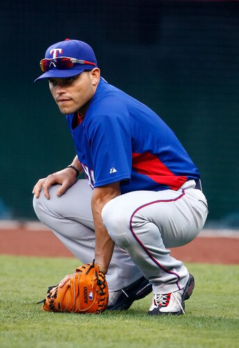 ANAHEIM, CA - SEPTEMBER 29:  Ivan Rodriguez #7 of the Texas Rangers looks on prior to the game against the Los Angeles Angels of Anaheim at Angel Stadium on September 29, 2009 in Anaheim, California.  <br /><br /><span class="help">(Photo by Jeff Gross/Getty Images)</span>