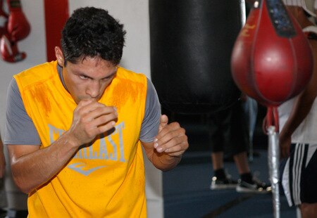 LOS ANGELES, CA - SEPTEMBER 29:  Israel Vasquez Two-time Junior Featherweight World Champion shadow boxes during his workout session at Urbina Westside Boxing Gym on September 29, 2009 in Los Angeles, California. Vasquez will return to the ring to face Angel Priolo on October 10, 2009.  <br /><br /><span class="help">(Photo by Jacob de Golish/Getty Images)</span>