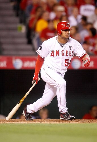 ANAHEIM, CA - SEPTEMBER 29:  Bobby Abreu #53 of the Los Angeles Angels of Anaheim hits an infield single in the fourth inning against the Texas Rangers at Angel Stadium on September 29, 2009 in Anaheim, California.  <br /><br /><span class="help">(Photo by Jeff Gross/Getty Images)</span>