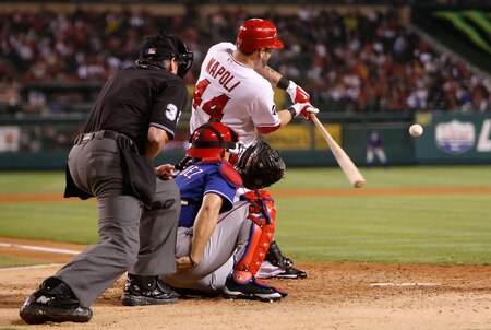 ANAHEIM, CA - SEPTEMBER 29:  Mike Napoli #44 of the Los Angeles Angels of Anaheim singles to center field scoring Brandon Wood and Chone Figgins in the fourth inning against the Texas Rangers at Angel Stadium on September 29, 2009 in Anaheim, California.  <br /><br /><span class="help">(Photo by Jeff Gross/Getty Images)</span>