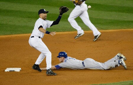 NEW YORK - SEPTEMBER 30: Josh Anderson #1 of the Kansas City Royals steals second base past Derek Jeter #2 of the New York Yankees during the game on September 30, 2009 at Yankee Stadium in the Bronx borough of New York City. <br /><br /><span class="help">(Photo by Jared Wickerham/Getty Images)</span>