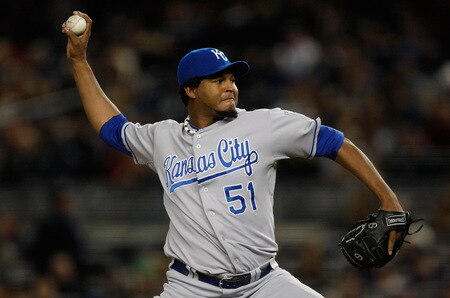 NEW YORK - SEPTEMBER 30: Robinson Tejeda #51 of the Kansas City Royals pitches against the New York Yankees during the game on September 30, 2009 at Yankee Stadium in the Bronx borough of New York City. <br /><br /><span class="help">(Photo by Jared Wickerham/Getty Images)</span>