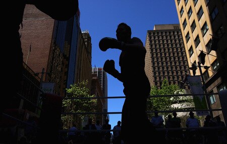 SYDNEY, AUSTRALIA - OCTOBER 01:  Boxer Danny Green punches during a demonstration sparring session during a Danny Green Media Opportunity at Martin Place on October 1, 2009 in Sydney, Australia. Green will be fighting Roy Jones Jnr of the United States of Amerian for the IBO World Title on December 2, 2009. <br /><br /><span class="help">(Photo by Cameron Spencer/Getty Images)</span>