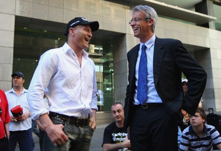SYDNEY, AUSTRALIA - OCTOBER 01:  Boxer Danny Green talks to NRL CEO David Gallop during a Danny Green Media Opportunity at Martin Place on October 1, 2009 in Sydney, Australia. Green will be fighting Roy Jones Jnr of the United States of Amerian for the IBO World Title on December 2, 2009. <br /><br /><span class="help">(Photo by Cameron Spencer/Getty Images)</span>