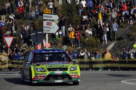 SALOU, SPAIN - OCTOBER 01:  Khalid Al Qassimi of United Arabian Emirates and Michael Orr of Great Britain compete in their BP Abu Dhabi Ford Focus during the Shakedown of the WRC Rally de Espana on October 01  in Salou, Spain  <br /><br /><span class="help">(Photo by Massimo Bettiol/Getty Images)</span>