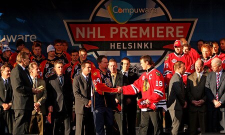 HELSINKI, FINLAND - OCTOBER 01:  Florida captain Bryan McCabe (l) shakes hands with Chicago captain Jonathan Toews (r) during the 2009 Compuware/NHL Premiere Fan Rally at Esplanade Park on October 1, 2009 in Helsinki, Finland. The Compuware/NHL Premiere Helsinki series will be the first regular-season NHL games ever played in Finland. The Blackhawks and Panthers will face off Friday, Oct. 2, and Saturday, Oct. 3, in Helsinki, Finland at Hartwall Areena.  <br /><br /><span class="help">(Photo by Richard Heathcote/Getty Images for the NHL)</span>