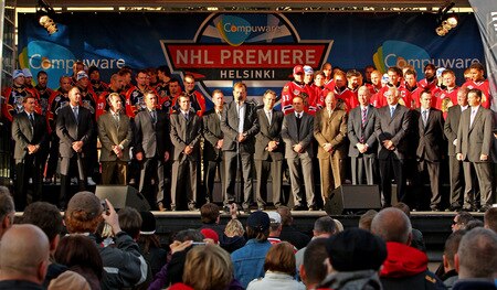 HELSINKI, FINLAND - OCTOBER 01:  Harry Harkimo, Chairman of the Board of Helsinki-based Jokerit ice-hockey team talks to the assemble fans during the 2009 Compuware/NHL Premiere Fan Rally at Esplanade Park on October 1, 2009 in Helsinki, Finland. The Compuware/NHL Premiere Helsinki series will be the first regular-season NHL games ever played in Finland. The Blackhawks and Panthers will face off Friday, Oct. 2, and Saturday, Oct. 3, in Helsinki, Finland at Hartwall Areena.  <br /><br /><span class="help">(Photo by Richard Heathcote/Getty Images for the NHL)</span>