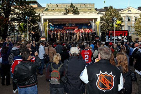 HELSINKI, FINLAND - OCTOBER 01:  The players of The Chicago Blackhawks and The Florida Panthers are introduced to the crowd during the 2009 Compuware/NHL Premiere Fan Rally at Esplanade Park on October 1, 2009 in Helsinki, Finland. The Compuware/NHL Premiere Helsinki series will be the first regular-season NHL games ever played in Finland. The Blackhawks and Panthers will face off Friday, Oct. 2, and Saturday, Oct. 3, in Helsinki, Finland at Hartwall Areena.  <br /><br /><span class="help">(Photo by Richard Heathcote/Getty Images for the NHL)</span>