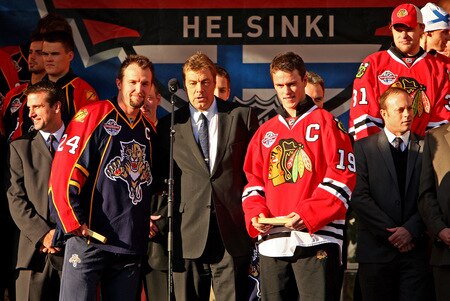 HELSINKI, FINLAND - OCTOBER 01:  Anssi Rauramo, head of the Sports Department for the City ofHelsinki (c) poses with Florida captain Bryan McCabe (l) and Chicago captain Jonathan Toews (r) during the 2009 Compuware/NHL Premiere Fan Rally at Esplanade Park on October 1, 2009 in Helsinki, Finland. The Compuware/NHL Premiere Helsinki series will be the first regular-season NHL games ever played in Finland. The Blackhawks and Panthers will face off Friday, Oct. 2, and Saturday, Oct. 3, in Helsinki, Finland at Hartwall Areena.  <br /><br /><span class="help">(Photo by Richard Heathcote/Getty Images for the NHL)</span>