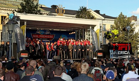 HELSINKI, FINLAND - OCTOBER 01:  The players of The Chicago Blackhawks and The Florida Panthers are introduced to the crowd during the 2009 Compuware/NHL Premiere Fan Rally at Esplanade Park on October 1, 2009 in Helsinki, Finland. The Compuware/NHL Premiere Helsinki series will be the first regular-season NHL games ever played in Finland. The Blackhawks and Panthers will face off Friday, Oct. 2, and Saturday, Oct. 3, in Helsinki, Finland at Hartwall Areena.  <br /><br /><span class="help">(Photo by Richard Heathcote/Getty Images for the NHL)</span>