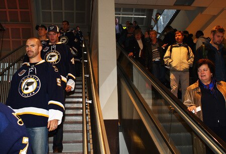 STOCKHOLM, SWEDEN - OCTOBER 01:  Members of the St. Loius team make thier way to the stage alongside menbers of the public during the 2009 Compuware/NHL Premier Fan Rally for Detroit Red Wings and St. Loius Blues at Stockholm Central Station on October 1, 2009 in Stockholm, Sweden.   <br /><br /><span class="help">(Photo by Paul Gilham/NHLI via Getty Images)</span>