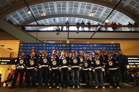 STOCKHOLM, SWEDEN - OCTOBER 01:  The St. Loius Blues team line up together during the 2009 Compuware/NHL Premier Fan Rally for Detroit Red Wings and St. Loius Blues at Stockholm Central Station on October 1, 2009 in Stockholm, Sweden.   <br /><br /><span class="help">(Photo by Paul Gilham/NHLI via Getty Images)</span>