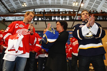STOCKHOLM, SWEDEN - OCTOBER 01:  Nicklas Lidstrom (L) of Detroit Red Wings talks to the crowd alongside Alex Steen of St. Loius Blues (R) and Swedish Minister of Sport Madeleine Sjostedt (C) during the 2009 Compuware/NHL Premier Fan Rally for Detroit Red Wings and St. Loius Blues at Stockholm Central Station on October 1, 2009 in Stockholm, Sweden.  <br /><br /><span class="help">(Photo by Paul Gilham/NHLI via Getty Images)</span>