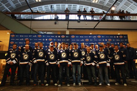 STOCKHOLM, SWEDEN - OCTOBER 01:  The St. Loius Blues team line up together during the 2009 Compuware/NHL Premier Fan Rally for Detroit Red Wings and St. Loius Blues at Stockholm Central Station on October 1, 2009 in Stockholm, Sweden.   <br /><br /><span class="help">(Photo by Paul Gilham/NHLI via Getty Images)</span>