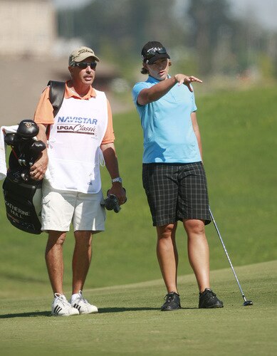 PRATTVILLE, AL - OCTOBER 1:  Katherine Hull of Australia talks with her caddie in the 18th fairway during first round play in the Navistar LPGA Classic at the Robert Trent Jones Golf Trail at Capitol Hill on October 1, 2009 in  Prattville, Alabama.  <br /><br /><span class="help">(Photo by Dave Martin/Getty Images)</span>