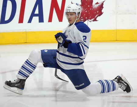 TORONTO - OCTOBER 1:  Luke Schenn #2 of the Toronto Maple Leafs stretches during the warm-up prior to playing the Montreal Canadiens in the Maple Leafs home opener on October 1, 2009 at the Air Canada Centre in Toronto, Ontario, Canada.  <br /><br /><span class="help">(Photo by Claus Andersen/Getty Images)</span>