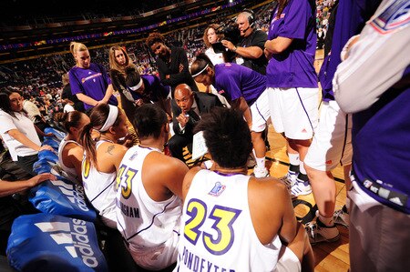 PHOENIX - OCTOBER 1: Corey Gaines, head coach of the Phoenix Mercury, talks to the Mercury before the first quarter against the Indiana Fever in Game Two of the WNBA Finals on October 1, 2009 at U.S. Airways Center in Phoenix, Arizona. <br /><br /><span class="help">(Photo by Barry Gossage/NBAE via Getty Images)</span>