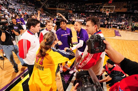 PHOENIX - OCTOBER 1: Cappie Pondexter #23 and Diana Taurasi #3 of the Phoenix Mercury greet Tully Bevilaqua #41 of the Indiana Fever before Game Two of the WNBA Finals on October 1, 2009 at U.S. Airways Center in Phoenix, Arizona. <br /><br /><span class="help">(Photo by Barry Gossage/NBAE via Getty Images)</span>