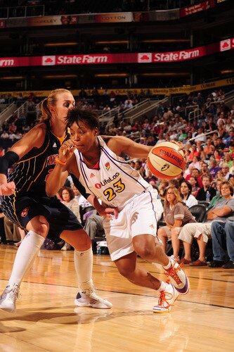 PHOENIX - OCTOBER 1: Cappie Pondexter #23 of the Phoenix Mercury drives against Katie Douglas #23 of the Indiana Fever in Game Two of the WNBA Finals played October 1, 2009 at U.S. Airways Center in Phoenix, Arizona. <br /><br /><span class="help">(Photo by Barry Gossage/NBAE via Getty Images)</span>