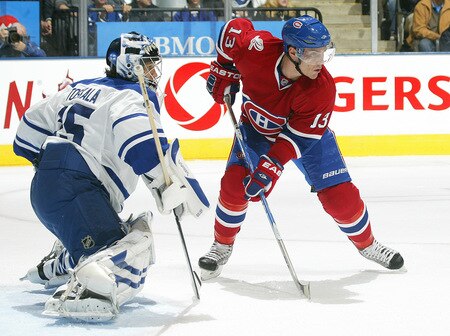 TORONTO - OCTOBER 1:  Vesa Toskala #35 of the Toronto Maple Leafs watches Mike Cammallari #13 of the Montreal Canadiens in the Maple Leafs' home opener on October 1, 2009 at the Air Canada Centre in Toronto, Ontario, Canada.  <br /><br /><span class="help">(Photo by Claus Andersen/Getty Images)</span>