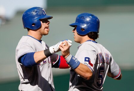 ANAHEIM, CA - OCTOBER 01:  Chris Davis #19 of the Texas Rangers is congratulated by Ian Kinsler #5 after hitting a two-run home run in the second inning against the Los Angeles Angels of Anaheim at Angel Stadium on October 1, 2009 in Anaheim, California. The Rangers defeated the Angels 11-3.  <br /><br /><span class="help">(Photo by Jeff Gross/Getty Images)</span>
