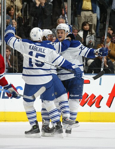 TORONTO - OCTOBER 1:  Alexei Ponikarovsky #23 of the Toronto Maple Leafs celebrates his goal against the Montreal Canadiens in the Maple Leafs' home opener October 1, 2009 at the Air Canada Centre in Toronto, Ontario, Canada.  <br /><br /><span class="help">(Photo by Claus Andersen/Getty Images)</span>