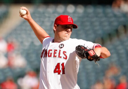 ANAHEIM, CA - OCTOBER 01:  John Lackey #41 of the Los Angeles Angels of Anaheim pitches against the Texas Rangers in the first inning at Angel Stadium on October 1, 2009 in Anaheim, California. The Rangers defeated the Angels 11-3.  <br /><br /><span class="help">(Photo by Jeff Gross/Getty Images)</span>