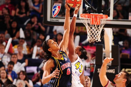 PHOENIX - OCTOBER 1: Tammy Sutton-Brown #8 of the Indiana Fever in a jump ball with Le'coe Willingham #43 of the Phoenix Mercury in Game Two of the WNBA Finals on October 1, 2009 at U.S. Airways Center in Phoenix, Arizona. <br /><br /><span class="help">(Photo by Barry Gossage/NBAE via Getty Images)</span>