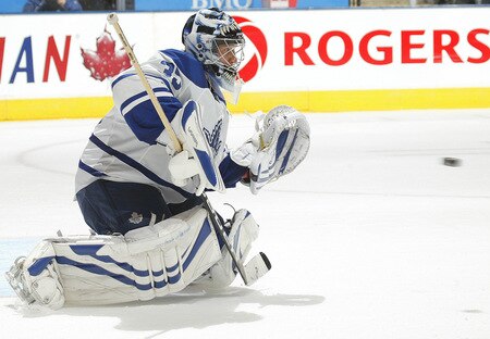 TORONTO - OCTOBER 1:  Vesa Toskala #35 of the Toronto Maple Leafs gets set to stop a puck against the Montreal Canadiens in the Maple Leafs' home opener on October 1, 2009 at the Air Canada Centre in Toronto, Ontario. The Canadiens defeated the Leafs 4-3 in overtime. <br /><br /><span class="help">(Photo by Claus Andersen/Getty Images)</span>